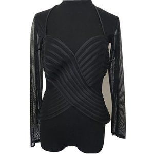 Sheer Striped Fitted Women’s Holiday Party Black Top Shirt Wrap Style Size Small